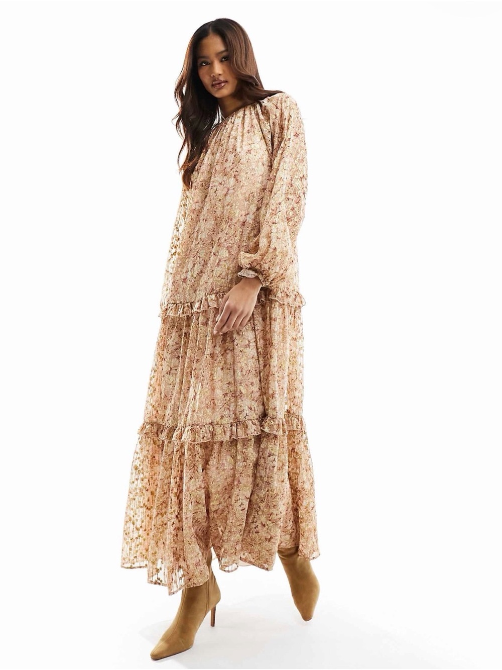 ASOS DESIGN high neck smock maxi dress with frill detail in metallic floral